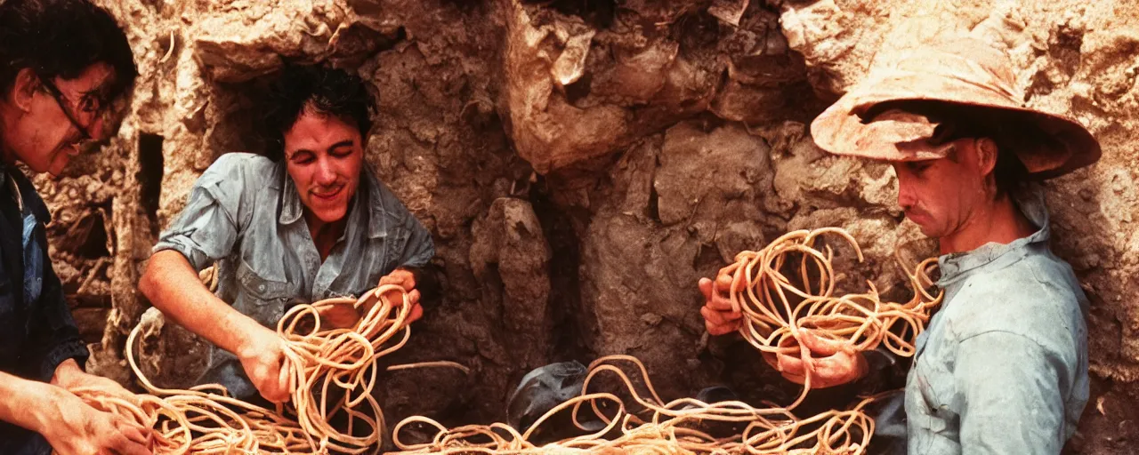 Image similar to archaeologists discovering ancient spaghetti, canon 5 0 mm, super detailed face, facial expression, cinematic lighting, photography, retro, film, kodachrome