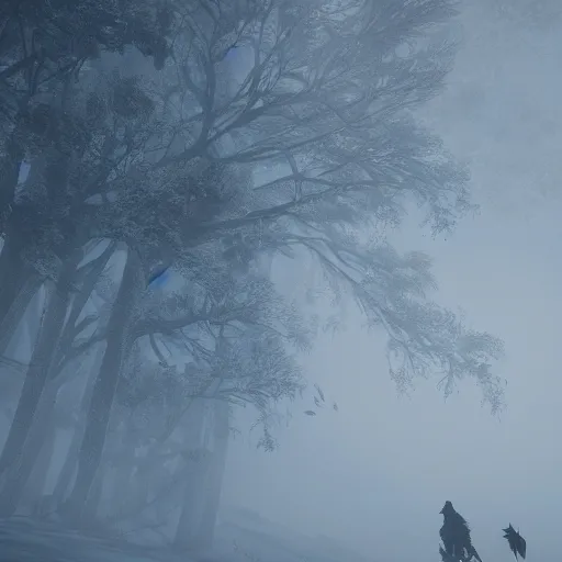 Prompt: the wild hunt, spectres riding in the sky, bad omen, enchanted forest, blizzard storm, fog, full moon, snowy environment, in the style of the witcher series, hyperrealism, breathtaking, award winning, groundbreaking, octane render, unreal 5, intricate digital art, 8 k hi - res
