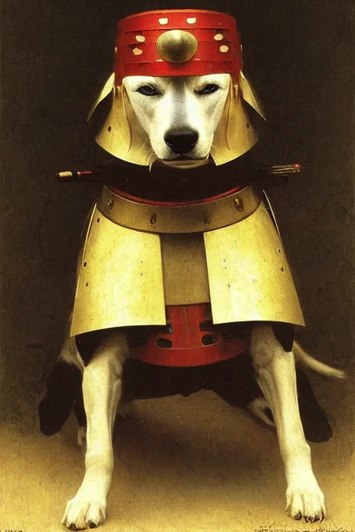 Prompt: portrait of a dog samurai, wearing samurai armor and helmet, majestic, solemn, by bouguereau