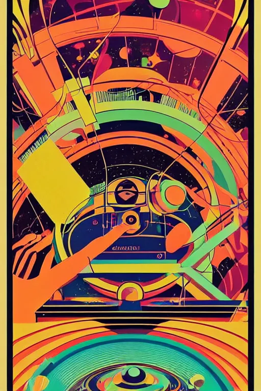 Prompt: a 6 0 s art deco poster with the interior of an international space station fuill of electronic equipment, poster art by milton glaser, kilian eng, moebius, behance contest winner, psychedelic art, concert poster, poster art, maximalist