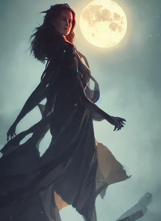 Image similar to portrait of Anna Millerstone as a Dark evil witch, big moon in the background, dramatic lighting, book cover illustration by Greg rutkowski, yoji shinkawa, 4k, digital art, concept art, trending on artstation