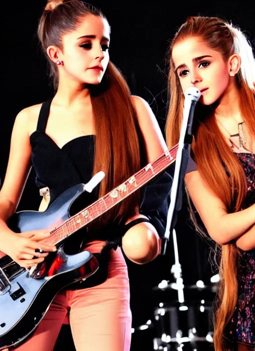 Prompt: beautiful, award winning photo of ariana grande on guitar and emma watson on drums in a 1 9 7 0 s rock and roll band. live at the woodstock concert, symmetrical eyes, 8 k, studio lighting t