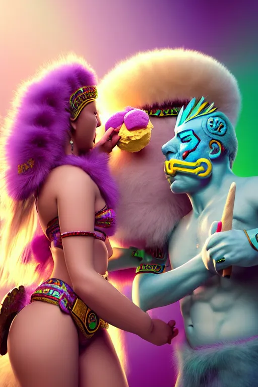 Image similar to high quality 3 d render hyperrealist very cute pastel fluffy! aztec warrior & quetzalcoatl eating giant ice cream, vray smooth, in the style of watchmen, hannah yata, very dramatic light, low angle, uhd 8 k, shallow depth of field