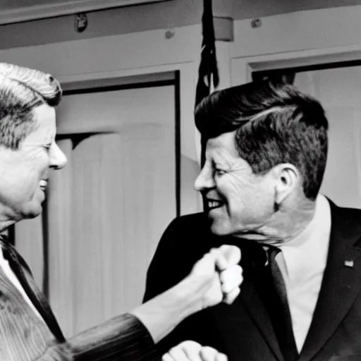 Image similar to a black and white photo of president kennedy shaking hands with a space alien