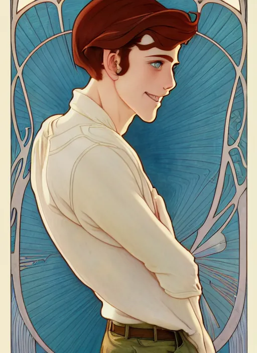 Image similar to well - lit art nouveau portrait of a young man with medium length auburn hair, pale skin, freckles, light blue eyes, casual clothes, natural lighting, path traced, highly detailed, high quality, cartoon, digital painting, by don bluth and ross tran and studio ghibli and alphonse mucha