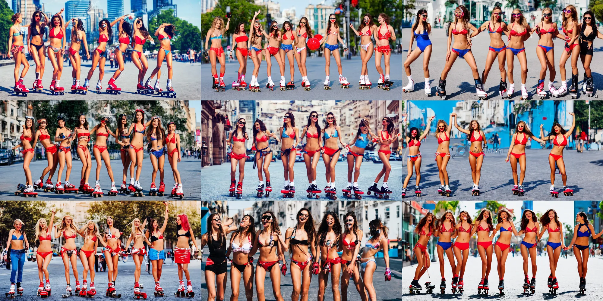 Prompt: lovely bikini models rollerblading on the streets and having fun, smile sharp eyes, poster, red lips, nose, group portrait