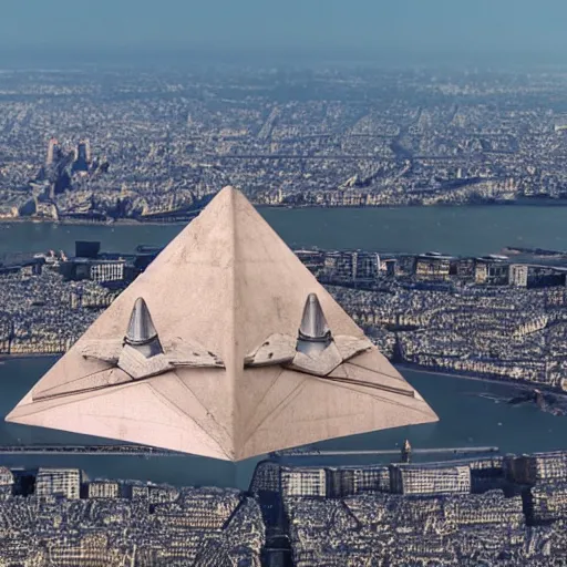 Image similar to pyramid shaped alien spaceship with flying rocket base over Paris France, photorealistic, 8k, detailed