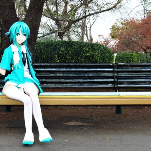 Image similar to hatsune miku sitting on a park bench