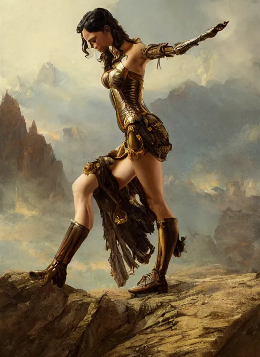 Prompt: oil painting of a highly detailed steampunk gal gadot posing while standing on a rock : leonardo da vinci, greg rutkowski, magali villeneuve