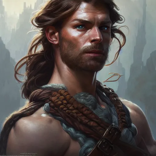 Image similar to portrait of a rugged ranger, muscular, upper body, blood, D&D, fantasy, intricate, elegant, highly detailed, digital painting, artstation, concept art, smooth, sharp focus, illustration, art by artgerm and greg rutkowski and alphonse mucha