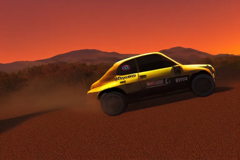 Image similar to far away rally car on the dirt road silhouette, extremely detailed digital art, sunset, gradient photorealistic, 8k