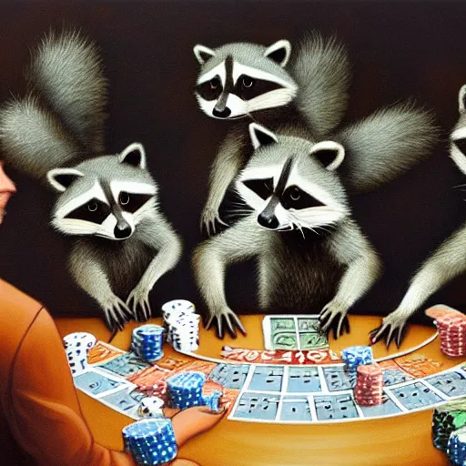 Prompt: a gang of raccoons playing poker at night