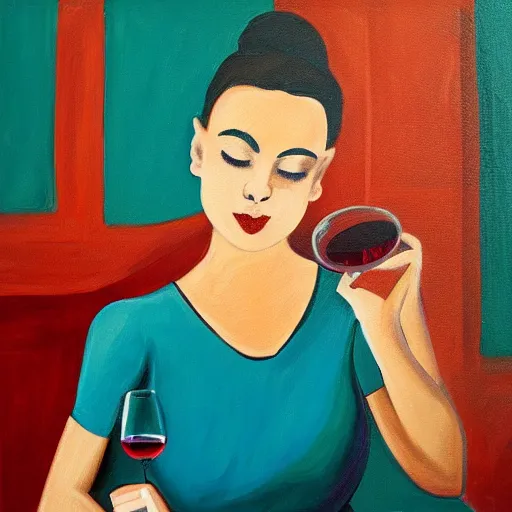 Image similar to painting of a ballerina drinking wine in a teal room, red background