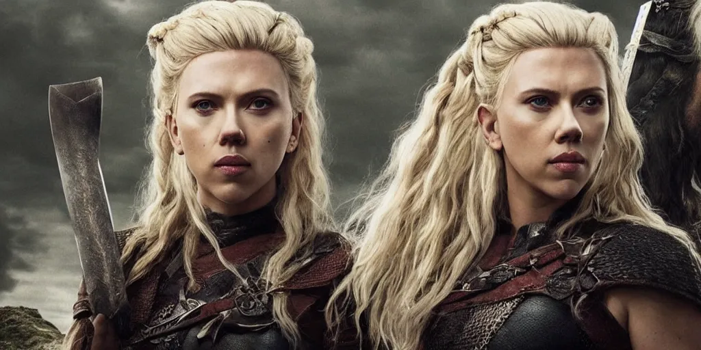 Prompt: Scarlett Johansson playing Lagertha, with a scar and white hair, in the TV series Vikings