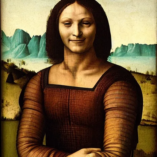 Image similar to Portrait of a smiling Italian woman with arms crossed, against a distant landscape background, 1505. Oil painting by Leonardo da Vinci.