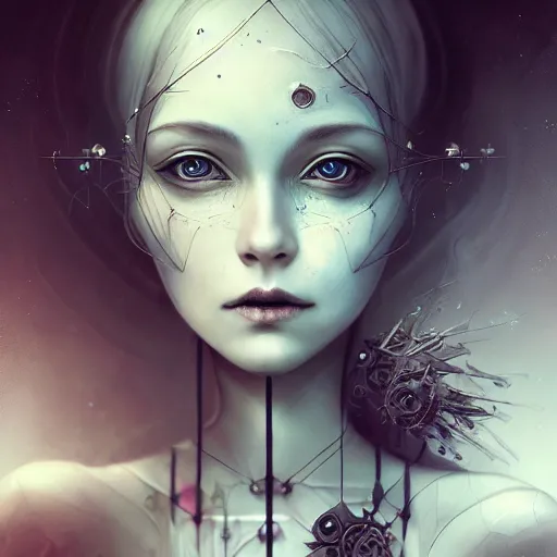 Prompt: detailed, sharp portrait dreaming humanoid gothic female automata floating above ruined dystopia by Anna Dittmann . digital art. surreal. featured on art station. HD, 8K, highly detailed, good lighting