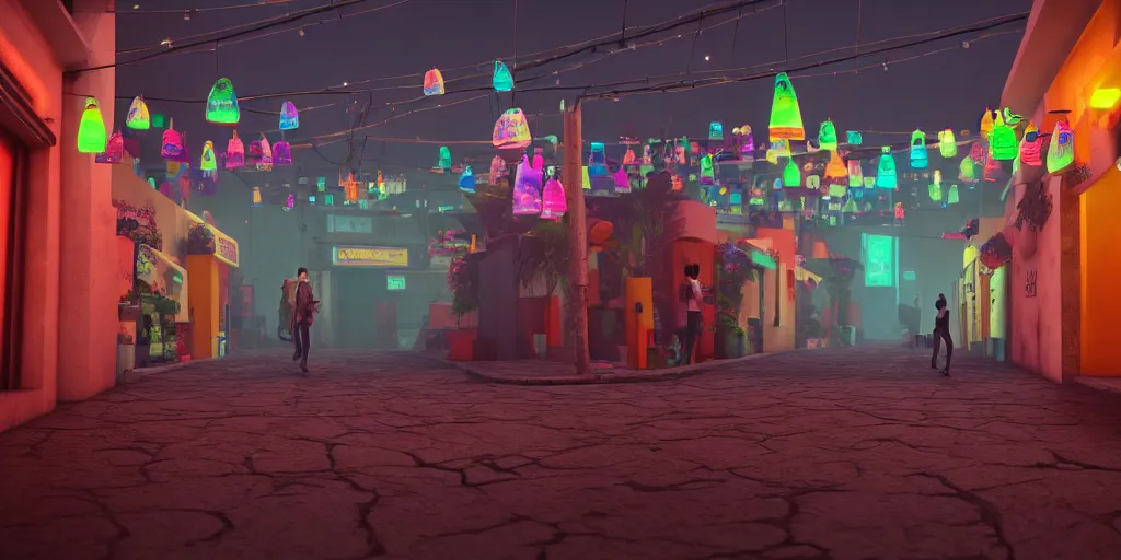 Image similar to angled view of a futuristic small mexican town cobbled street, blade runner 2 0 4 9 city architecture, mexican dia de muertos hanging paper decorations, environmental lighting, stromy weather, ray tracing, amazing view, highly detailed, neon shops, octane render, unreal engine 5, 4 k