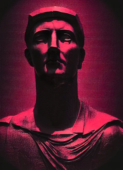 Image similar to black background with subtle red and purple design elements, statue of julius caesar, nekro, modern design, collage art, thin lines, dark, glitch art, neo vaporwave, gritty, layout frame, trending on artstation