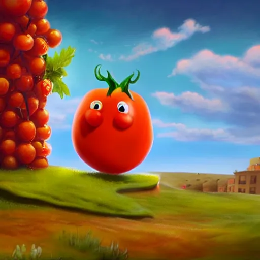 Image similar to a beautiful matte painting of bob the tomato, by steve argyle and mark arian