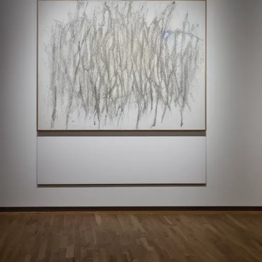 Prompt: large scale painting by cy twombly, guggenheim exhibition, white wall