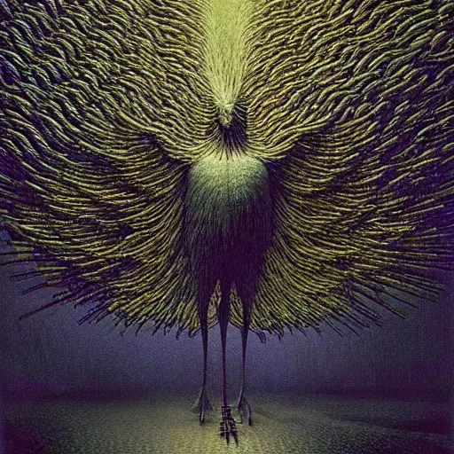 Prompt: horrifying mutant bird made of electricity fused with thousands of birds, thousand heads, mutilated, horror, blood, heavy damage, post apocalyptic, dystopian surrealism, patchwork of colours, zdzisław beksinski, sad atmosphere, volumetric light, style giger, alex ries, symmetry accurate features, symmetry accurate features, very intricate details, high resolution, intricate