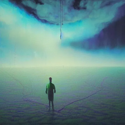 Image similar to figurative Malcom X portrait inspired in beksinski and dan mumford work, remixed with Simon Stalenhag work, sitting on the cosmic cloudscape, epic color palette, blue neon rain, cinematic shoot