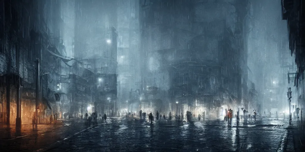 Image similar to a cold and melancholic city in a dark cavern, rainy and gloomy atmosphere, viewed from afar, fantasy digital art, octane render, beautiful composition, trending on artstation, award - winning photograph, masterpiece