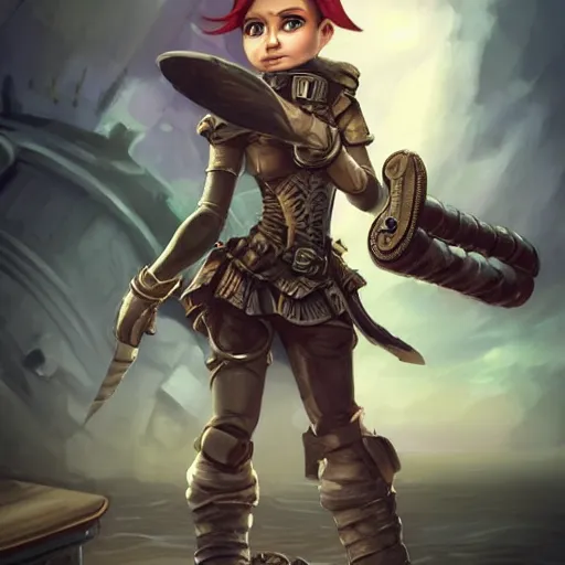 Image similar to full body character design, scrappy female gnome mechanic with pixie undercut hair and one prosthetic metal gauntlet arm standing on a ship deck, naval background, fantasy, D&D, full body portrait, highly detailed, digital painting, HD, trending on ArtStation, dark fantasy, great composition, concept art, matte, sharp focus, illustration, art by artgerm and greg rutkowski