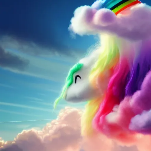 Image similar to cutest huge fantasy cloud animal, with sprouting rainbow hair, hd, japanese anime artist drawn, dlsr, dream animal cute eyes, trending on artstation, cotton candy, octane render, cinematic