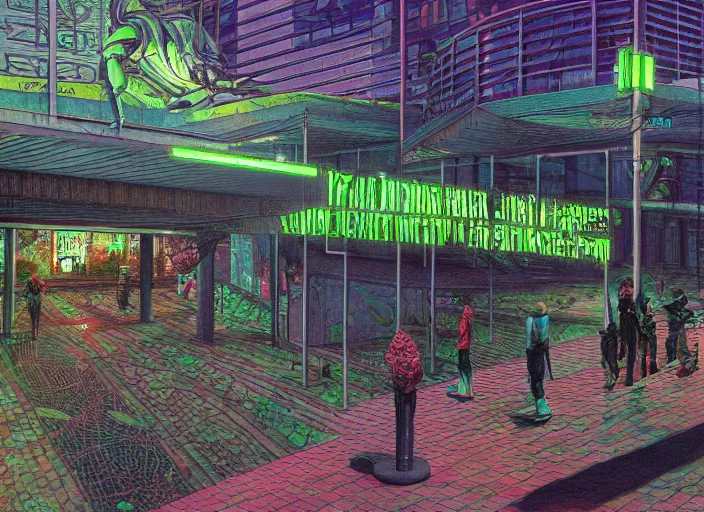 Prompt: reptile people exterior parking garage, bright cyberpunk neon, in the style of jeremy enecio, intricate, miles johnston, monet, cynical realism, john william godward, painterly, yoshitaka amano, miles johnston, louise zhang, pekka halonen, finnish naturalism, realism