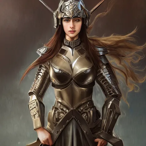 Prompt: a portrait of an attractive young woman, clothed in battle armor, olive skin, long dark hair, beautiful bone structure, symmetrical facial features, intricate, elegant, highly detailed, digital painting, trending on Artstation, concept art, smooth, sharp focus, illustration, in the style of artgerm and alphonse mucha