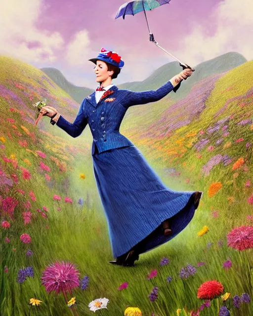 Image similar to Julie Andrews Mary Poppins from Disney 1964 dancing in a field full of flowers, wide-angle shot, D&D, fantasy, intricate, elegant, highly detailed, digital painting, artstation, concept art, matte, sharp focus, illustration, hearthstone, art by Artgerm and Greg Rutkowski and Alphonse Mucha