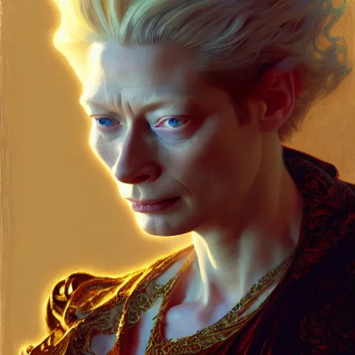 Image similar to young adult tilda swinton as lucifer morningstar, ornate long blond hair, natural lighting, path traced, highly detailed, high quality, digital painting, by gaston bussiere, craig mullins, alphonse mucha j. c. leyendecker