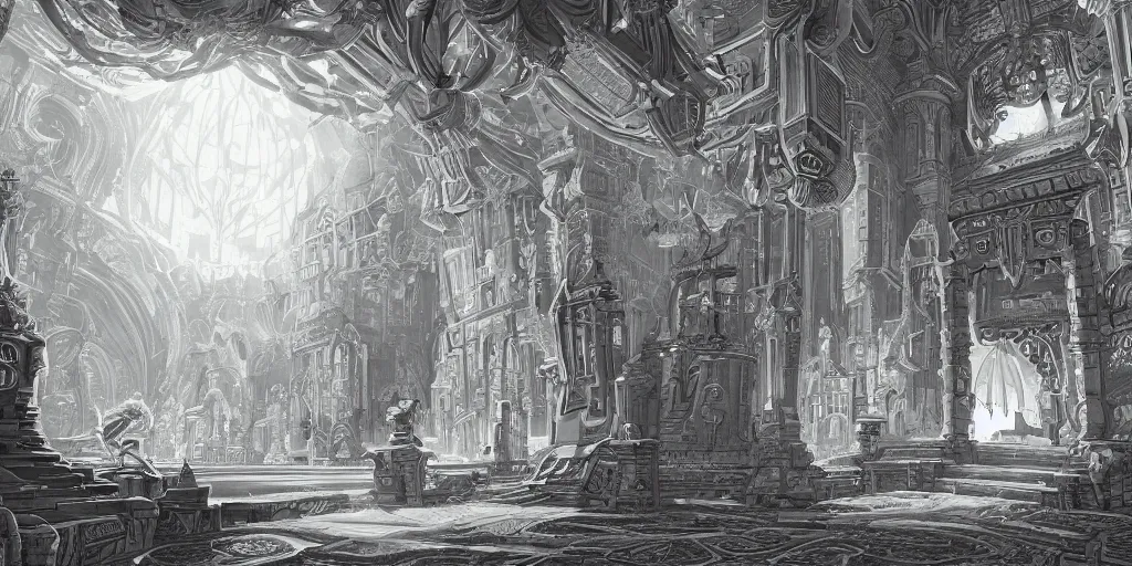 Prompt: Opalescent palace, by Tyler Edlin, Artstation, woodcut, pure black and white, extremely detailed