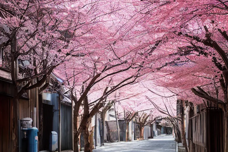 Image similar to beautiful Japanese alleyway with sakura trees by Vincent Di Fate, rule of thirds, beautiful, sharp focus