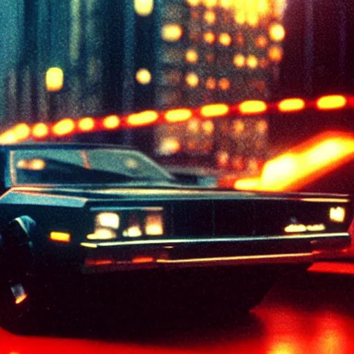 Prompt: muscle car in crowded cityscape, blade runner (1982), shallow depth of field medium shot, award winning, gritty, god rays