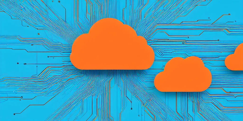 Prompt: Several detailed computers connected to a cloud, network pattern at the background. Minimalistic design, contemporary design, Abstract Design. Blue, cyan and orange palette. Vivid, 8K, Epic, Masterpiece