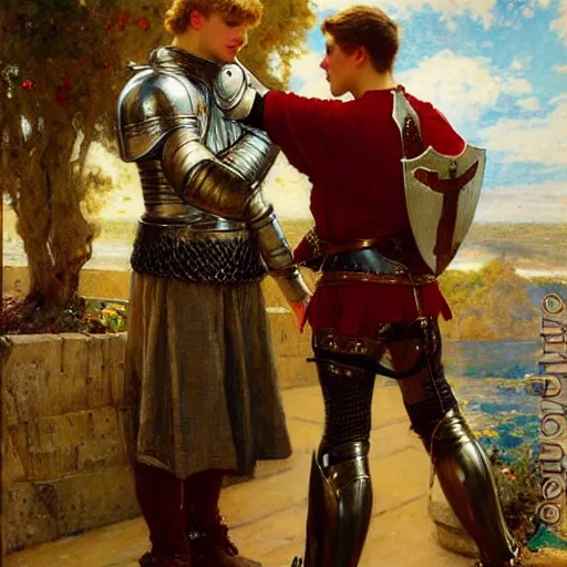 Image similar to attractive fully clothed arthur pendragon confesses his love for his attractive fully clothed male knight. highly detailed painting by gaston bussiere and j. c. leyendecker 8 k