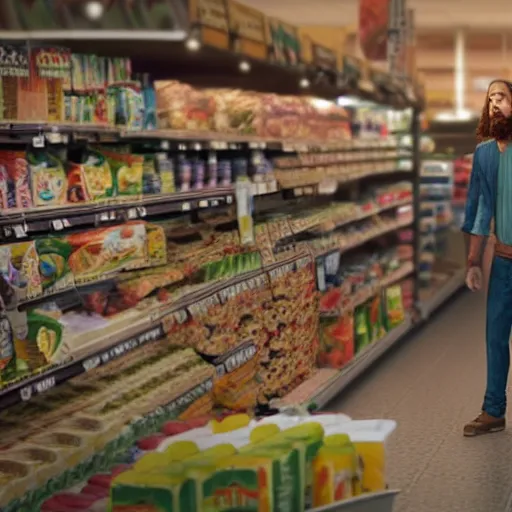 Image similar to mid shot of an realistic jesus buying groceries at the store, shot by amanda carlson and alex strelkovv, professional photo, masterpiece, very detailed, hyper - realistic, unreal engine, straight face, cinematic, 4 k