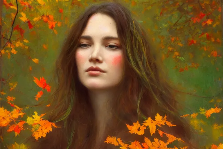 Prompt: when the leaves start to turn to the color of your hair, oil on canvas, close up portrait of a beautiful woman with long wavy hair, with shades of yellow, green and red, in a forest in autumn, leaves and branches in the foreground, by jeremy lipking, craig mullins