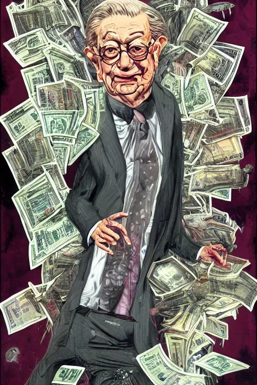 Prompt: George Soros full body shot, dollar bills Body horror, biopunk, by Ralph Steadman, Francis Bacon, Hunter S Thompson