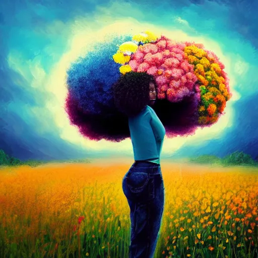 Prompt: girl with afro made of flower, standing in a field with flowers, surreal photography, hills, big trees, sunrise dramatic light, impressionist painting, colorful clouds, digital painting, pointillism, artstation, simon stalenhag