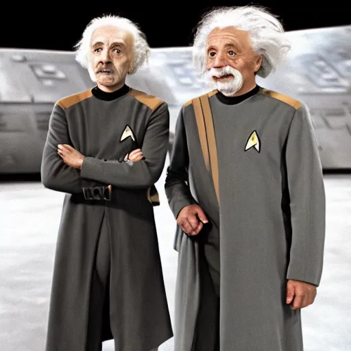 Image similar to Young Eintsein and Old Einstein in starfleet uniforms from the next Star Trek movie