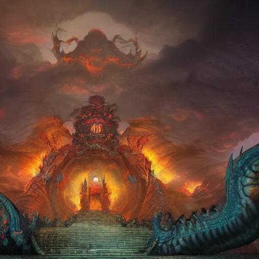 Prompt: huge temple in hell with dragons in the sky behind it circling like vultures, surreal, sharp focus, digital art, epic composition, concept art, dynamic lighting, intricate, highly detailed