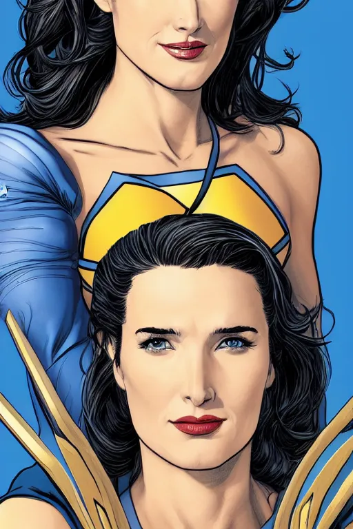 Image similar to A beautiful portrait of Cobie Smulders as Wonder Woman by Frank Cho, detailed, proportional, trending on art station, 4k,