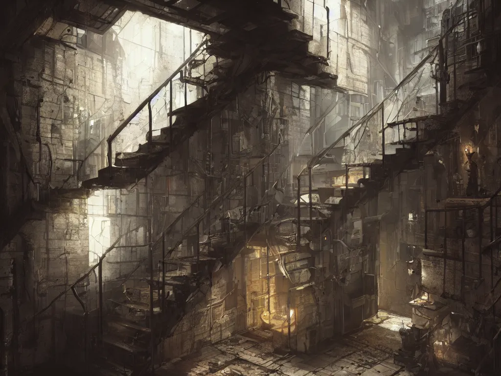 Image similar to a cellar staircase, cyberpunk style, digital painting, concept art, smooth, sharp focus, hyperrealistic, illustration, artstation trending, octane render, unreal engine, ambient light, dynamic lighting, magical, dark vibes, Cyberpunk 2077