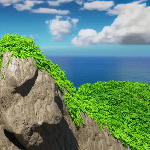 Prompt: very detailed photorealistic 3d render of a floating rock island above a vast ocean, lush vegetation, roots are hanging down from the floating island, small clouds have formed at the top of the mountain peaks, little world