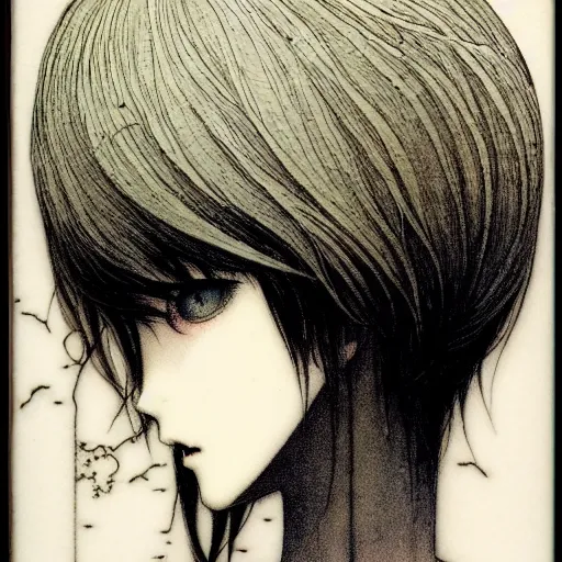 Image similar to prompt: Fragile looking soft light portrait face drawn by Takato Yamamoto and Katsuhiro Otomo, inspired by Ghost in Shell anime, magical and alchemical objects on the side, soft light, monochrome background, intricate detail, intricate ink painting detail, sharp high detail, manga and anime 2000