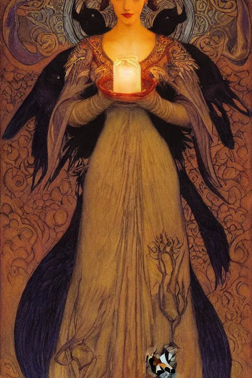 Prompt: queen of night with her lantern and birds, by Nicholas Roerich and Annie Swynnerton and jean delville and Gaston Bussière, black leather and embroidered velvet, iridescent beetles, rich color, dramatic cinematic lighting, extremely detailed