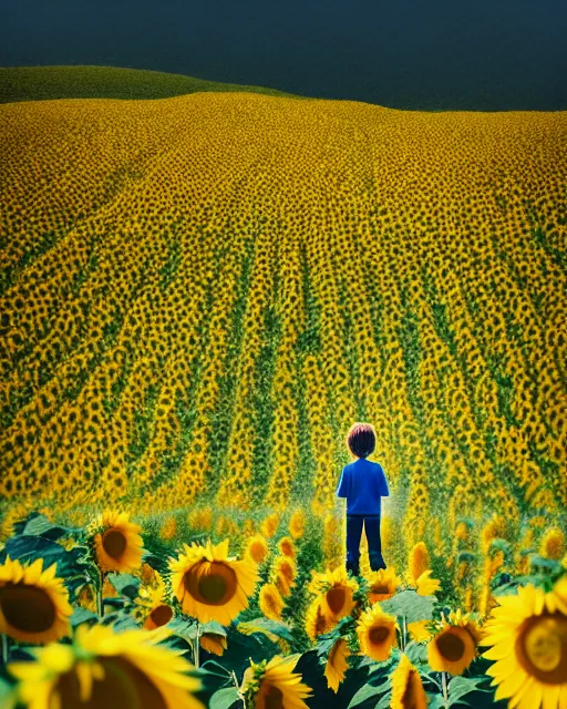 Image similar to boy standing on a hill looking down into the valley of sunflower fields, hills, cliffs, yellow sunflowers by beeple